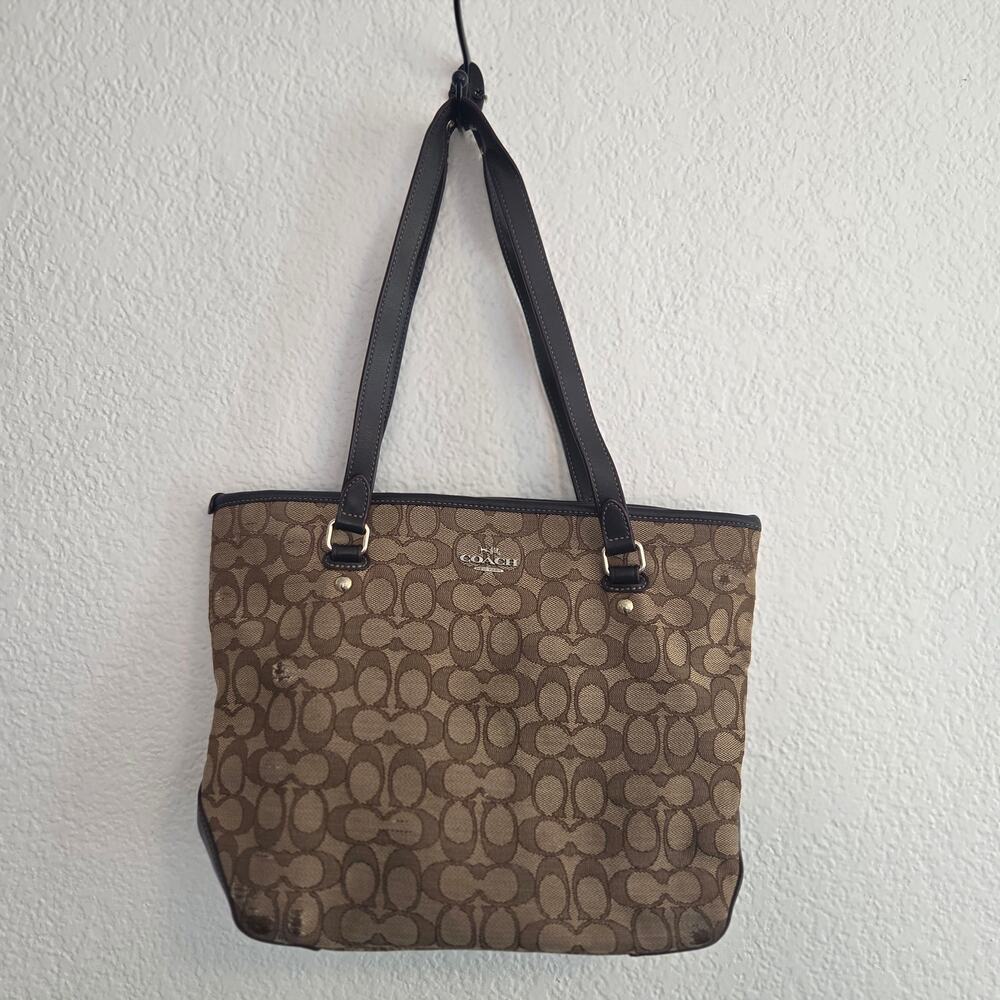 Coach Outline Signature Zip Top Tote Bag Khaki/Brown Pre-loved See Description